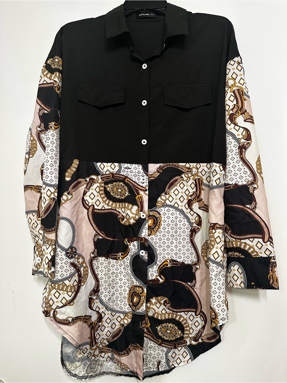 ChicMe Mixed-Print Button-Up Top - Black & Cream